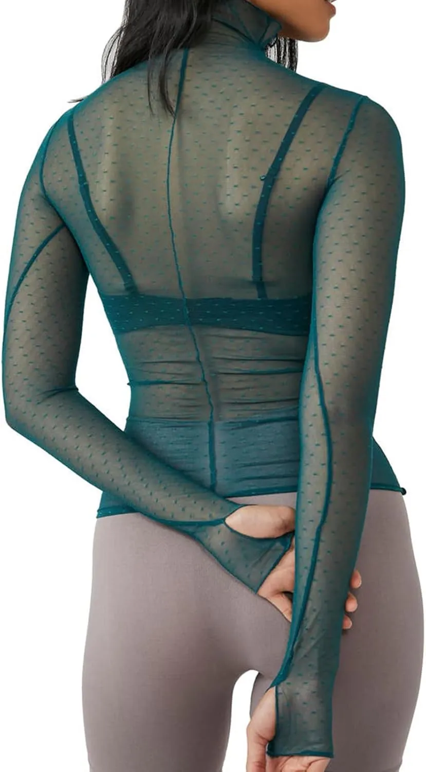 Sheer Mesh Long Sleeve Layering Top for Women Mock Neck Floral Lace Tshirt See Through Tee Shirt Blouse
