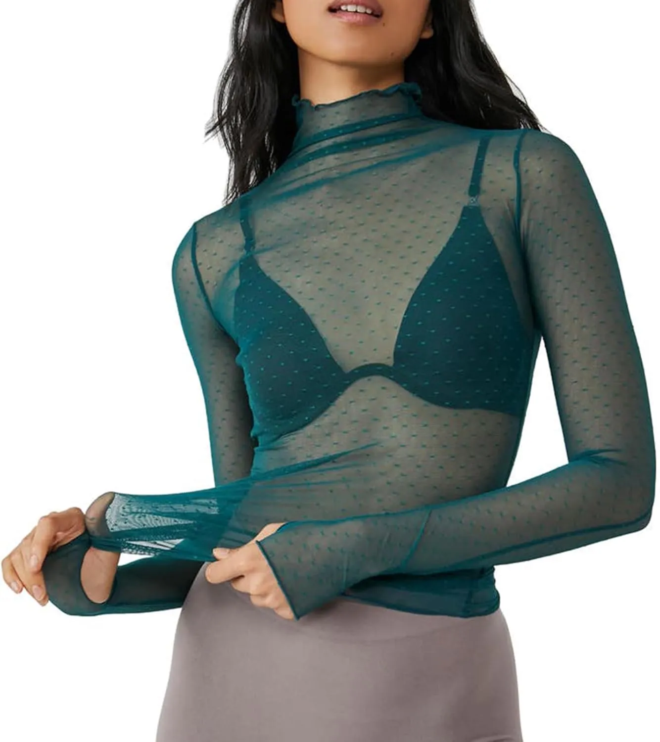 Sheer Mesh Long Sleeve Layering Top for Women Mock Neck Floral Lace Tshirt See Through Tee Shirt Blouse