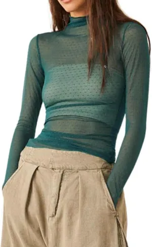 Sheer Mesh Long Sleeve Layering Top for Women Mock Neck Floral Lace Tshirt See Through Tee Shirt Blouse