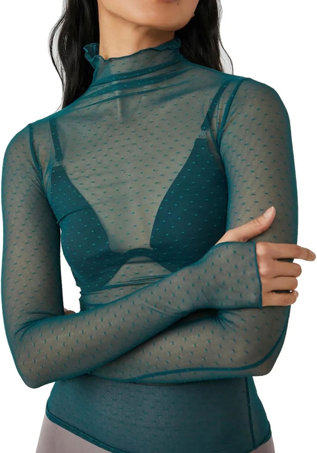 Sheer Mesh Long Sleeve Layering Top for Women Mock Neck Floral Lace Tshirt See Through Tee Shirt Blouse