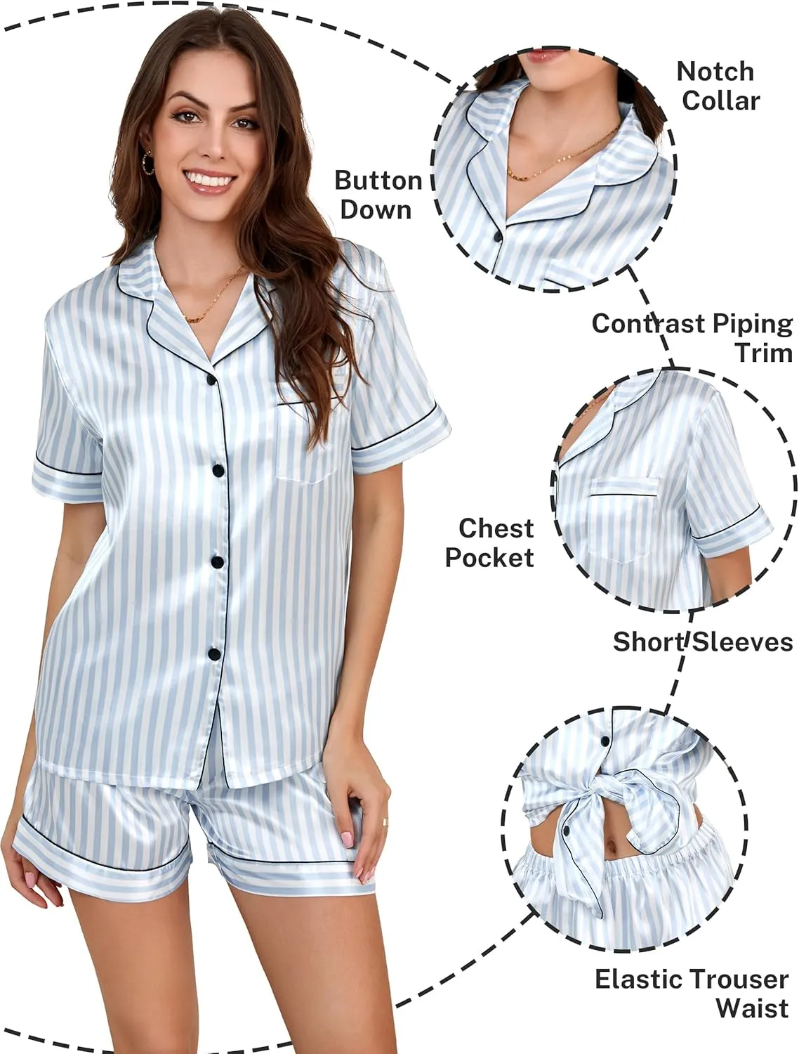 Silk Pajamas for Women Short Sleeve Shirt and Shorts Satin Button Down Loungewear 2 Piece Pjs Sleepwear Set