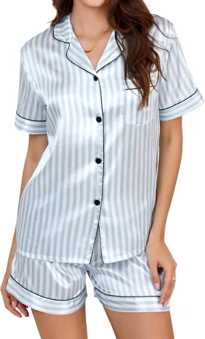 Silk Pajamas for Women Short Sleeve Shirt and Shorts Satin Button Down Loungewear 2 Piece Pjs Sleepwear Set