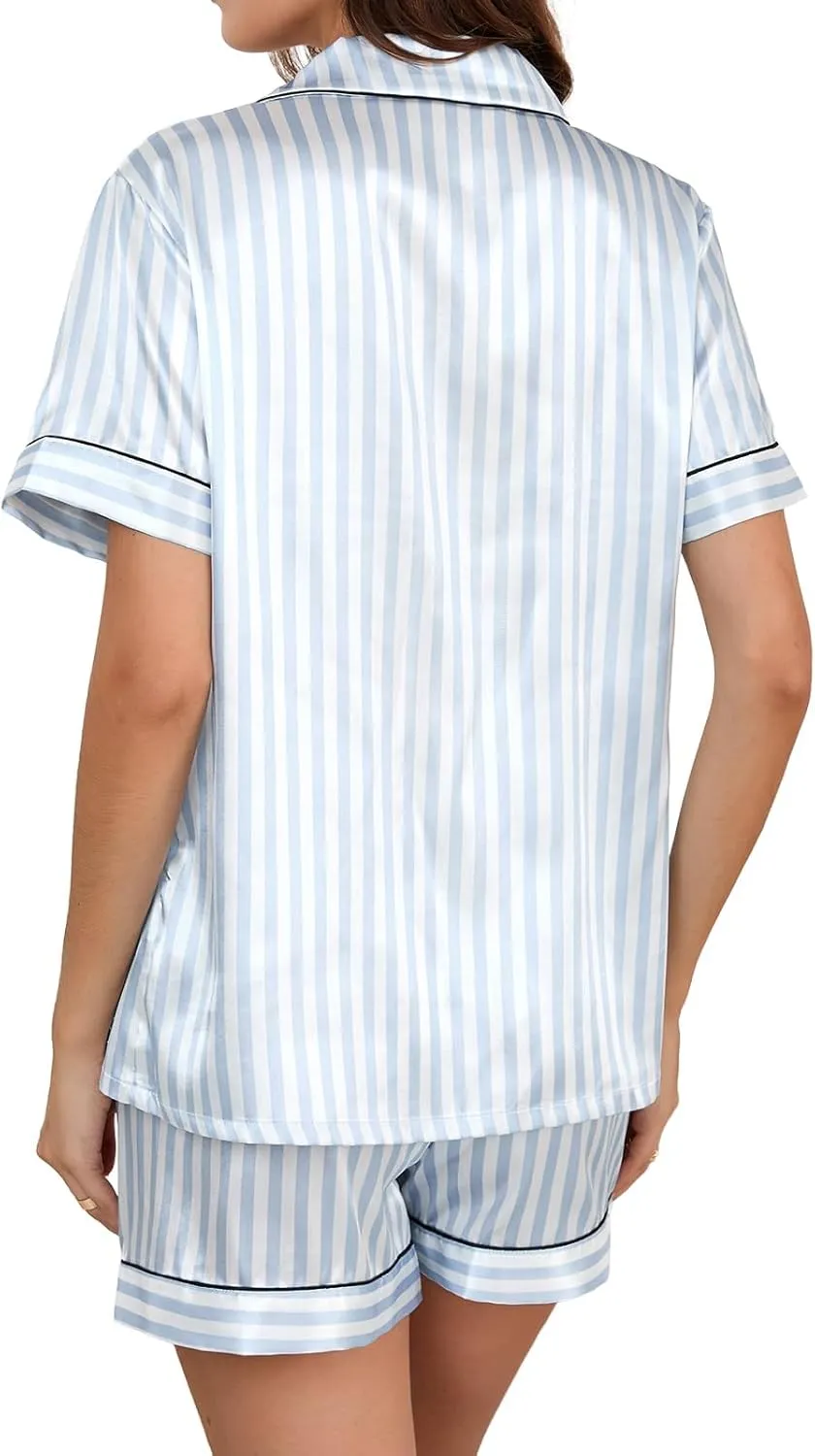 Silk Pajamas for Women Short Sleeve Shirt and Shorts Satin Button Down Loungewear 2 Piece Pjs Sleepwear Set