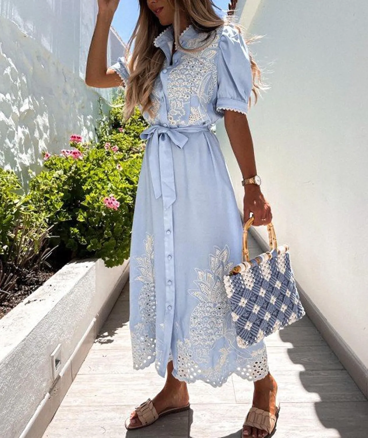 SOMTHRON Women's Embroidered Eyelet Shirt Dress Belted Puff Shirt Sleeve Button Down Boho Lace Swing Maxi Long Dress