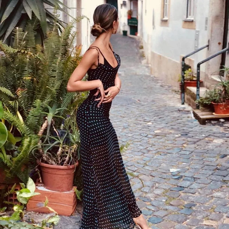 Spaghetti Strap Polka Dot Maxi Sexy Backless Women Dresses Party Club Black Mesh See Through Dress