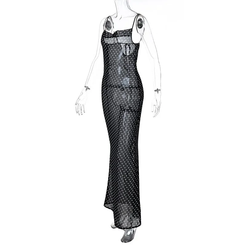 Spaghetti Strap Polka Dot Maxi Sexy Backless Women Dresses Party Club Black Mesh See Through Dress