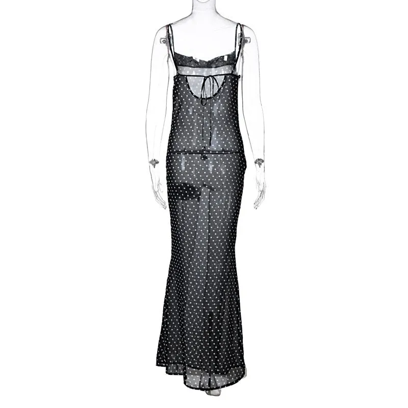 Spaghetti Strap Polka Dot Maxi Sexy Backless Women Dresses Party Club Black Mesh See Through Dress