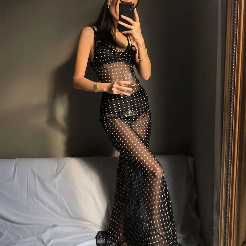 Spaghetti Strap Polka Dot Maxi Sexy Backless Women Dresses Party Club Black Mesh See Through Dress