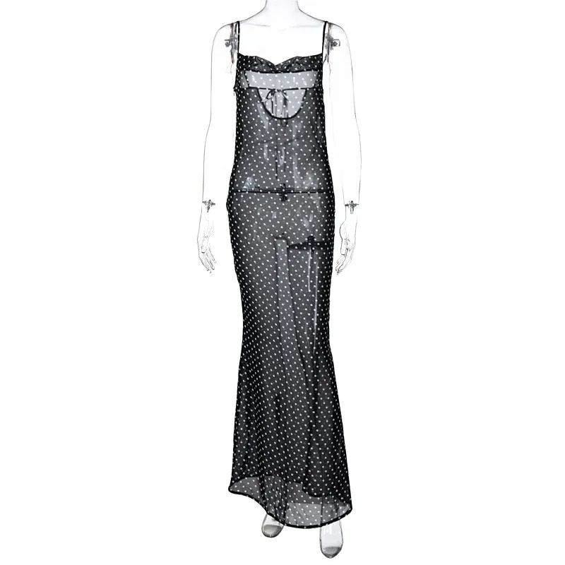 Spaghetti Strap Polka Dot Maxi Sexy Backless Women Dresses Party Club Black Mesh See Through Dress