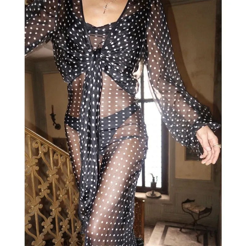 Spaghetti Strap Polka Dot Maxi Sexy Backless Women Dresses Party Club Black Mesh See Through Dress