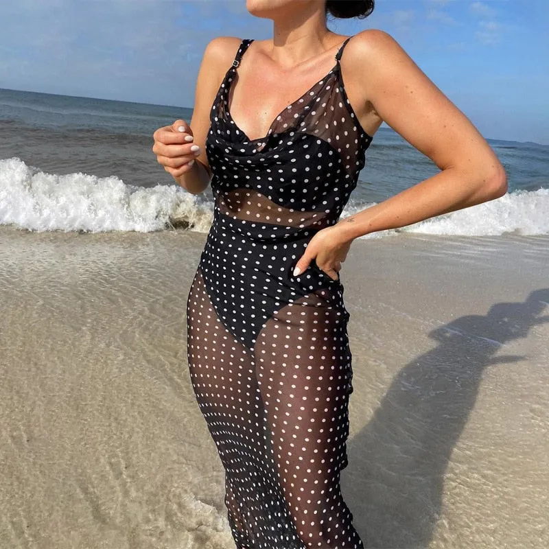 Spaghetti Strap Polka Dot Maxi Sexy Backless Women Dresses Party Club Black Mesh See Through Dress