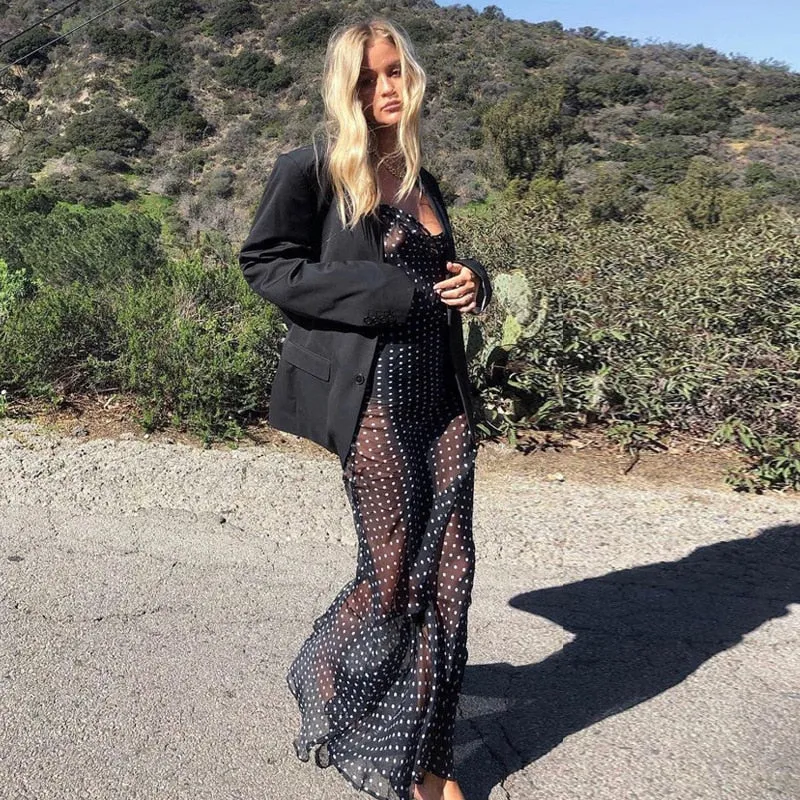Spaghetti Strap Polka Dot Maxi Sexy Backless Women Dresses Party Club Black Mesh See Through Dress