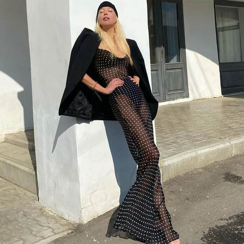 Spaghetti Strap Polka Dot Maxi Sexy Backless Women Dresses Party Club Black Mesh See Through Dress