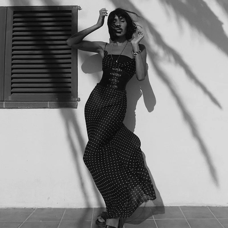 Spaghetti Strap Polka Dot Maxi Sexy Backless Women Dresses Party Club Black Mesh See Through Dress