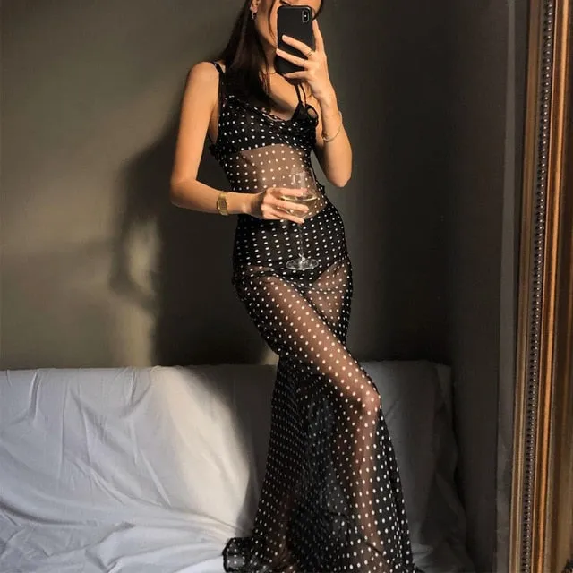 Spaghetti Strap Polka Dot Maxi Sexy Backless Women Dresses Party Club Black Mesh See Through Dress