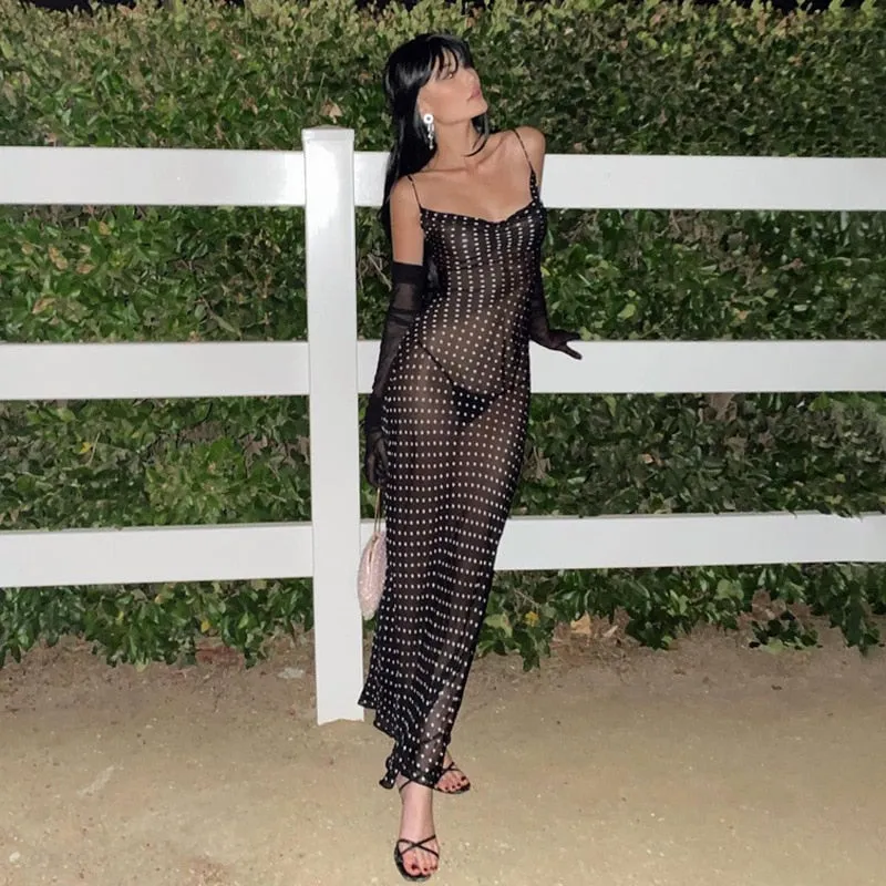 Spaghetti Strap Polka Dot Maxi Sexy Backless Women Dresses Party Club Black Mesh See Through Dress