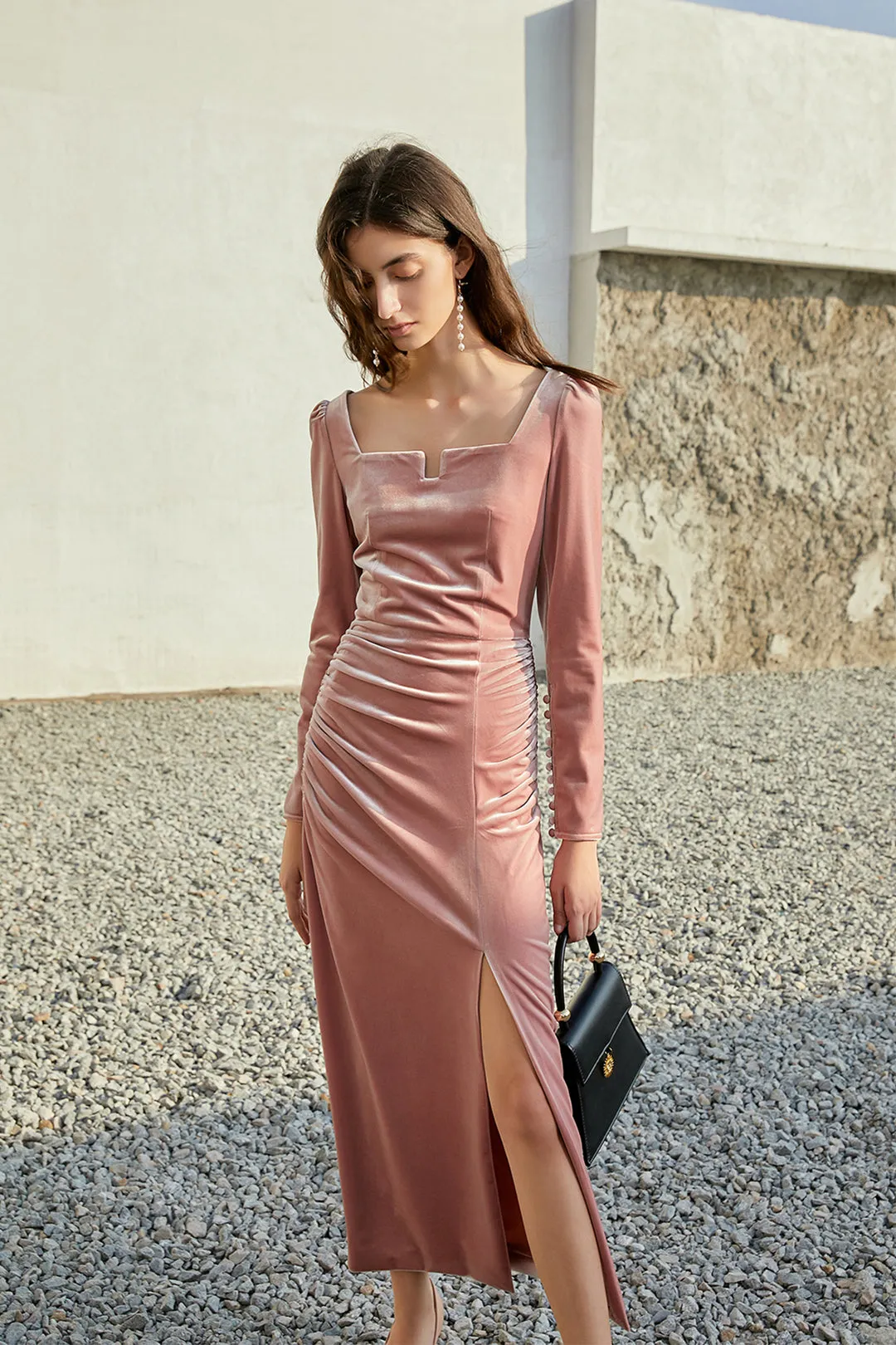 Square neck velvet dress | Pink dress | Holiday dress