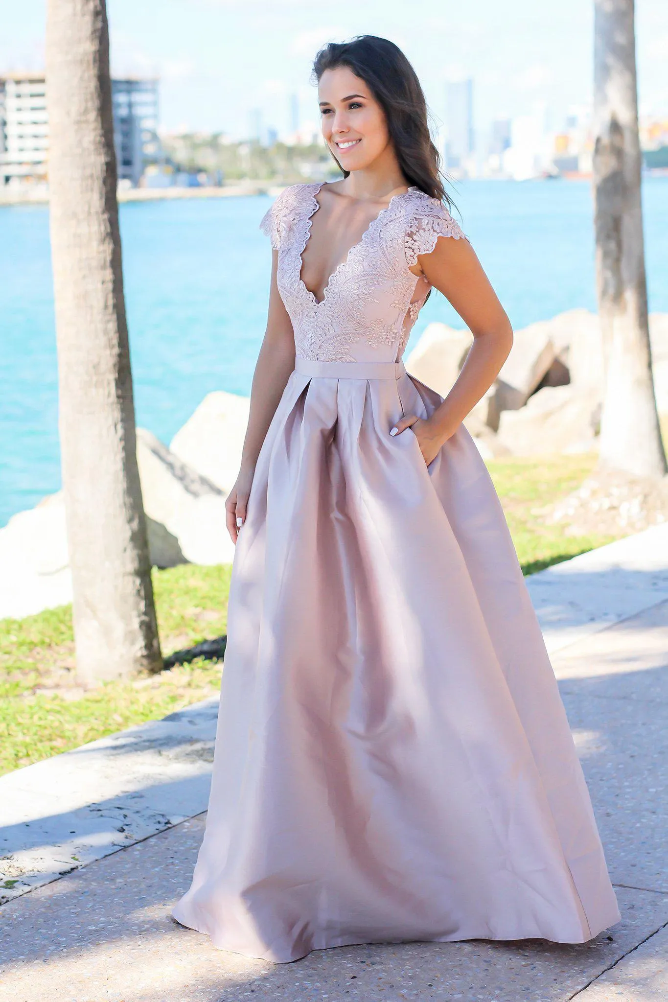Taupe Maxi Dress with Embroidered Top