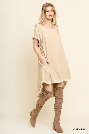 Umgee linen round-neck pocket dress with fringe short sleeves and high-low hem