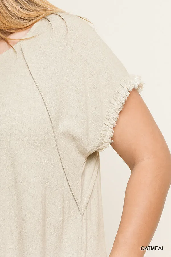 Umgee linen round-neck pocket dress with fringe short sleeves and high-low hem