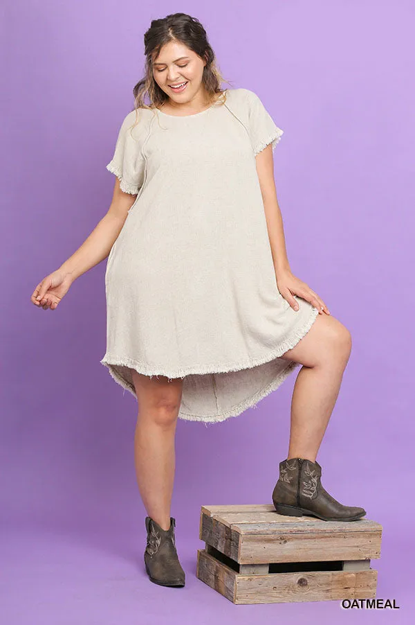 Umgee linen round-neck pocket dress with fringe short sleeves and high-low hem