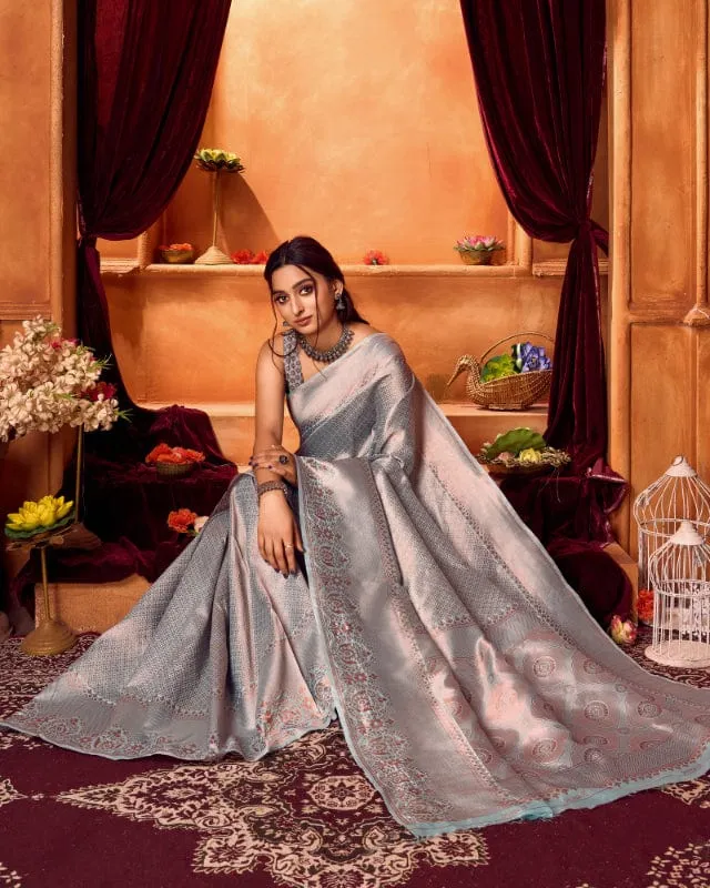 Varanga Festive Wear Silver Designer Silk Woven Banarasi Kanjivaram Saree