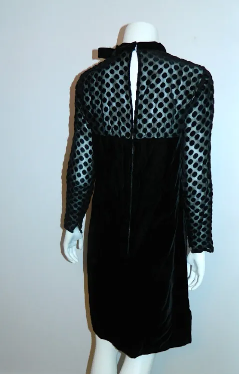 vintage 1960s mini dress MOD black velvet dress sheer sleeves Swiss dot XS