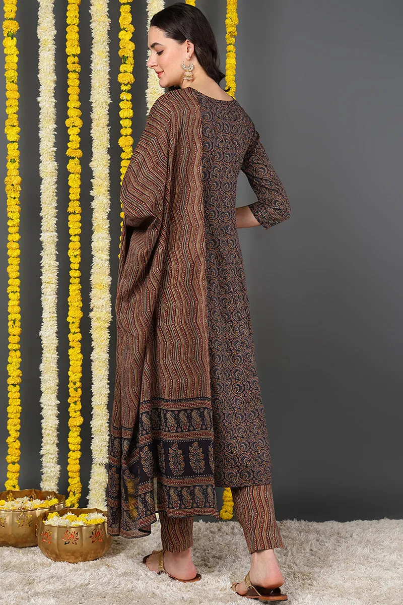 Violet Cotton Ethnic Motifs Printed A-Line Suit Set