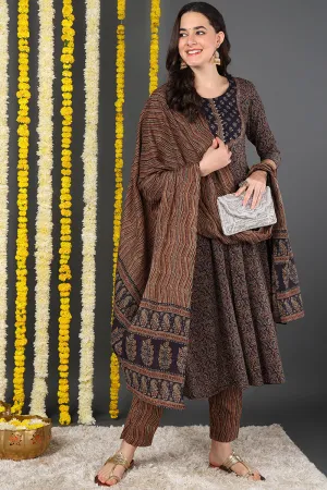 Violet Cotton Ethnic Motifs Printed A-Line Suit Set