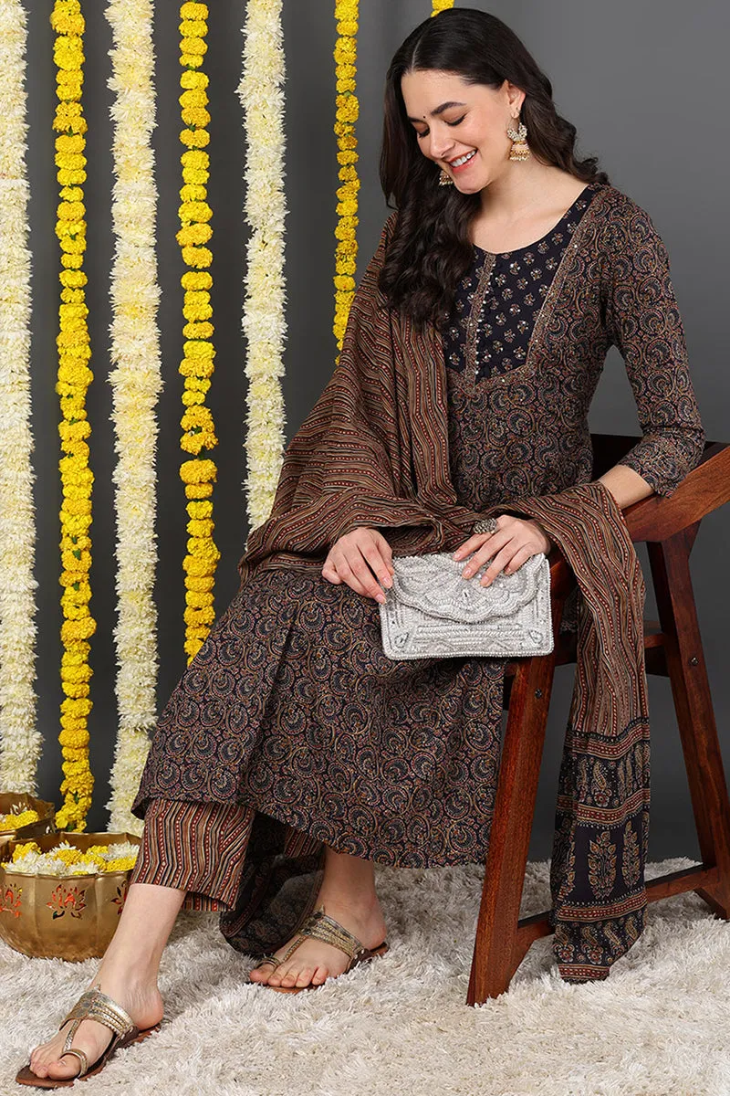 Violet Cotton Ethnic Motifs Printed A-Line Suit Set