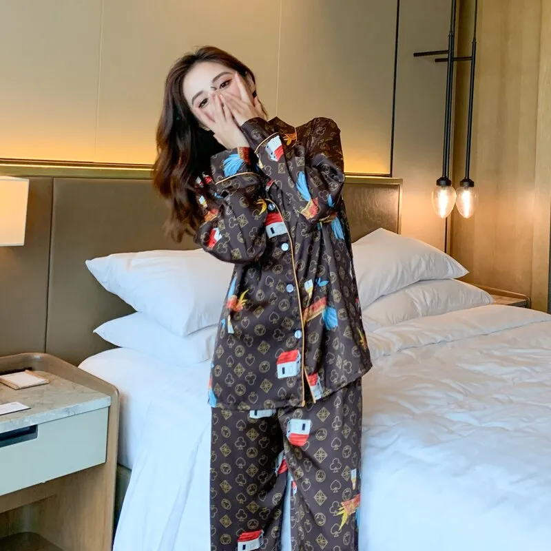 Wenkouban Women's Pajamas Set Luxury Style Cute Animal Print Sleepwear Silk Like Nightie Home Clothes Nightwear Pyjamas Femme