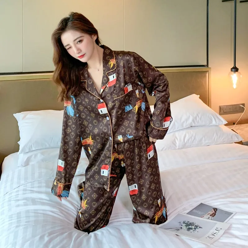 Wenkouban Women's Pajamas Set Luxury Style Cute Animal Print Sleepwear Silk Like Nightie Home Clothes Nightwear Pyjamas Femme
