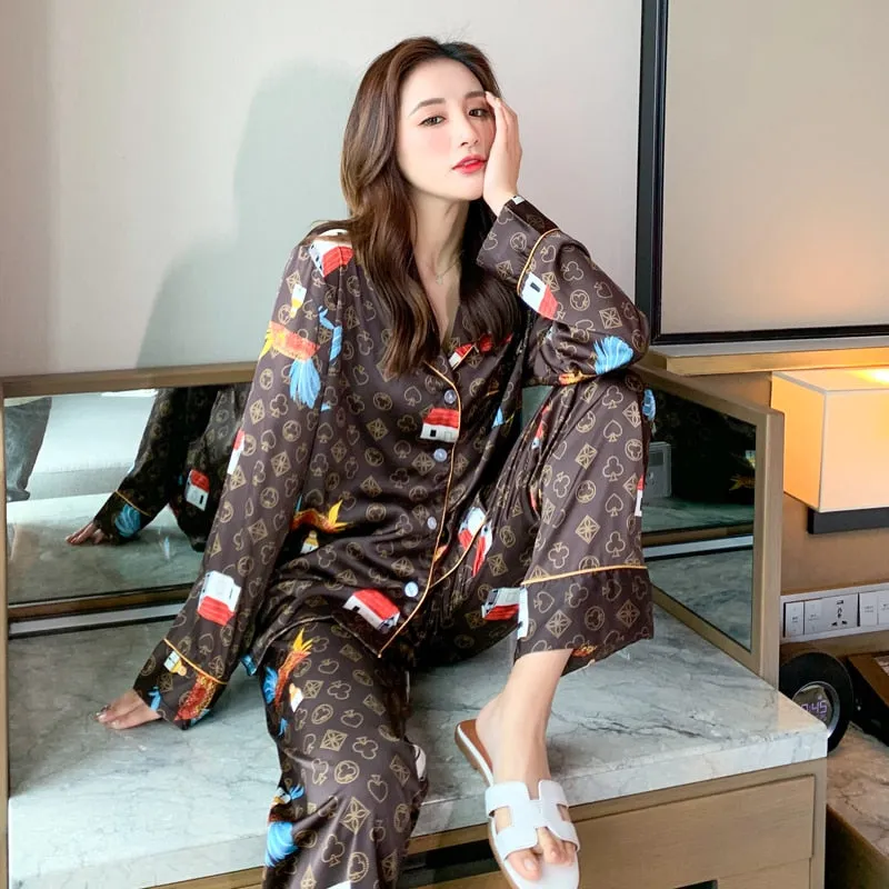 Wenkouban Women's Pajamas Set Luxury Style Cute Animal Print Sleepwear Silk Like Nightie Home Clothes Nightwear Pyjamas Femme