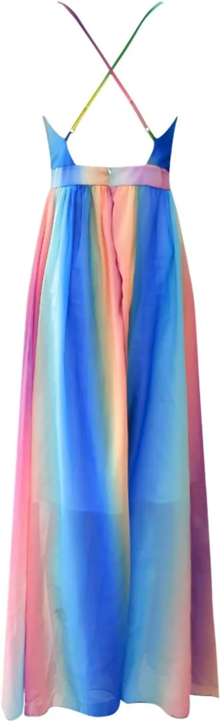 Women Rainbow Summer Dress Deep V Neck Sundress Backless Sexy Spaghetti Strap Stripe Chiffon Party Club Long Maxi Dress