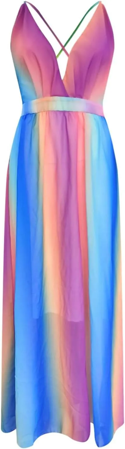 Women Rainbow Summer Dress Deep V Neck Sundress Backless Sexy Spaghetti Strap Stripe Chiffon Party Club Long Maxi Dress