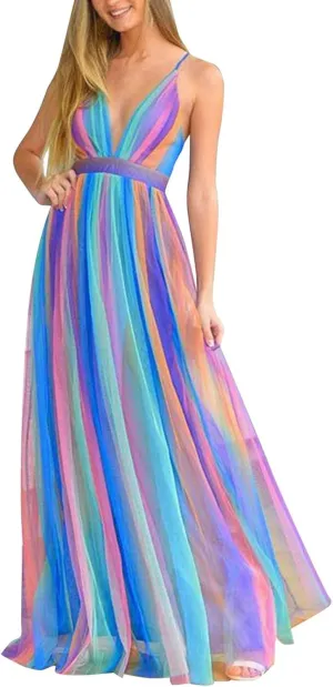 Women Rainbow Summer Dress Deep V Neck Sundress Backless Sexy Spaghetti Strap Stripe Chiffon Party Club Long Maxi Dress