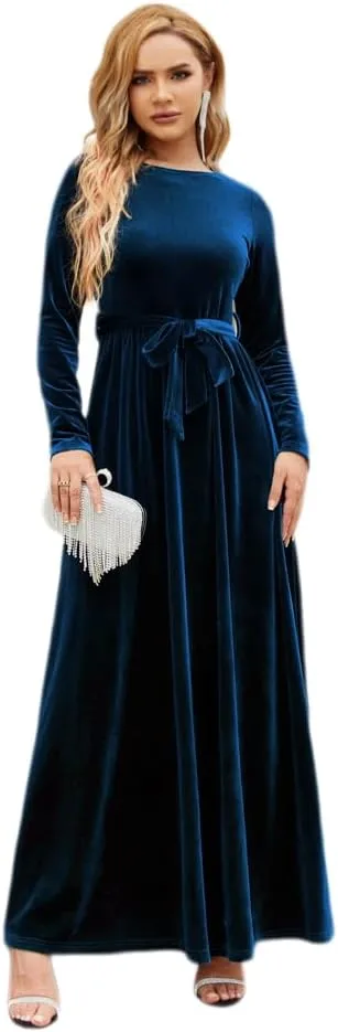 Women's Fall Winter Dress Long Sleeve Velvet Long Maxi Dress with Belt Party Dress Flowy A Line Wedding Guest Dress