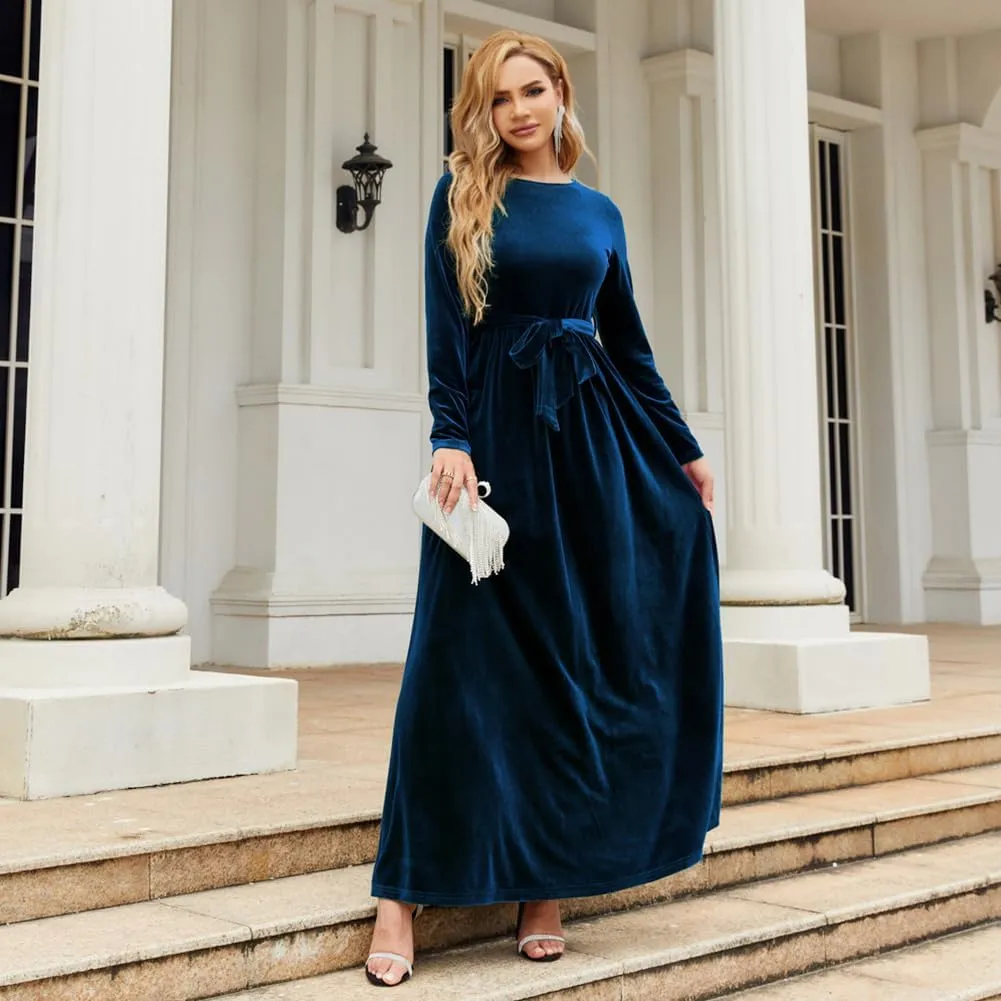 Women's Fall Winter Dress Long Sleeve Velvet Long Maxi Dress with Belt Party Dress Flowy A Line Wedding Guest Dress