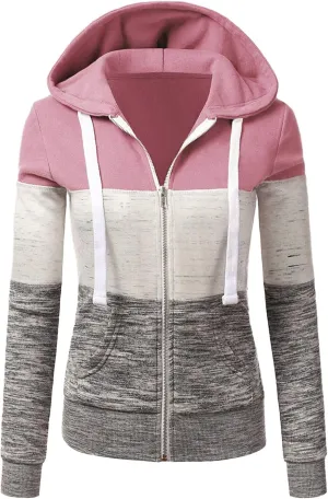 Women's Hoodie Colour Block Hooded Sweatshirt Zipper Long Sleeve Top with Pockets
