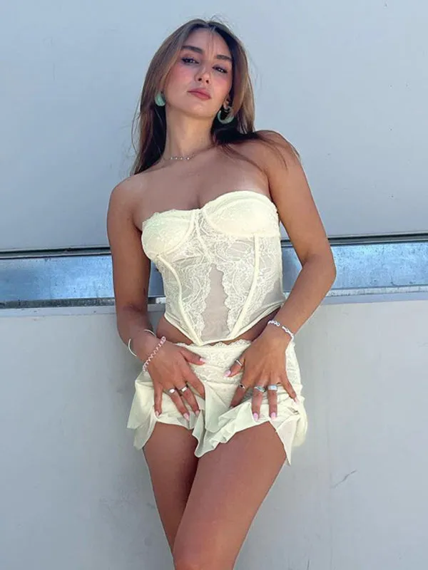 Women's Sexy Collage Lace See-through Chest Wrap Skirt Suit