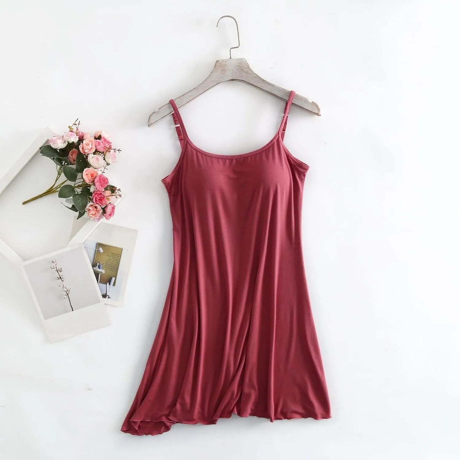 Womens Sexy Nightgown Built in Bra Adjustable Spaghetti Straps Backless Sleepwear Full Slip Cool Soft Nightdress Cami Pajama