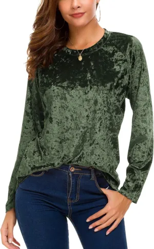 Women's Vintage Velvet T-Shirt Casual Long Sleeve Top