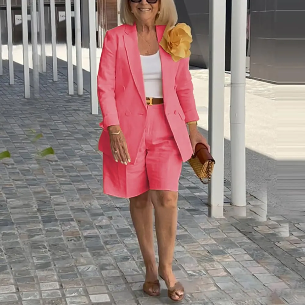 ZOCAVIA Womens Blazer Shorts Set Suit Set 2 Piece Dressy Short Sets Solid Open Front Long Sleeve Suit Jackets and Short Pants