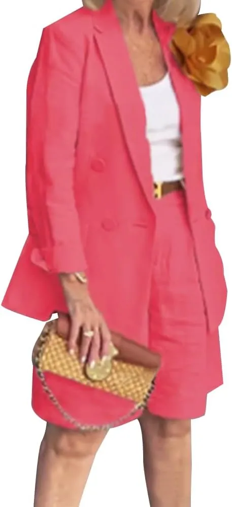 ZOCAVIA Womens Blazer Shorts Set Suit Set 2 Piece Dressy Short Sets Solid Open Front Long Sleeve Suit Jackets and Short Pants